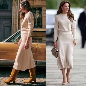 SEZANE Neutral Cream Ecru Ribbed Knit Wool Naelle Midi Skirt ASO Kate Middleton